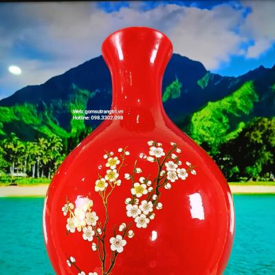 Bình Hồ Lô Men Đỏ - Hoạ Tiết Chim Hoa Đào - Gốm Sứ Trung Quốc